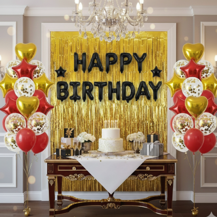 Happy Birthday Decoration Complete 13pcs (Black, Gold & Red)