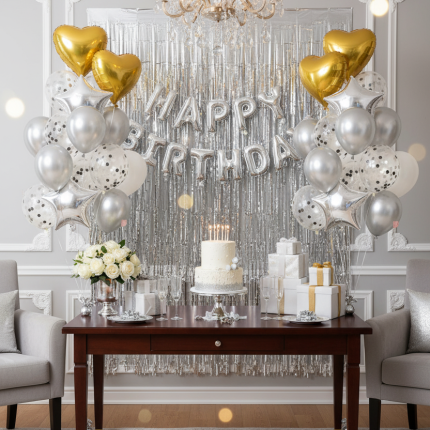 Happy Birthday Decoration Complete 17pcs (Silver)